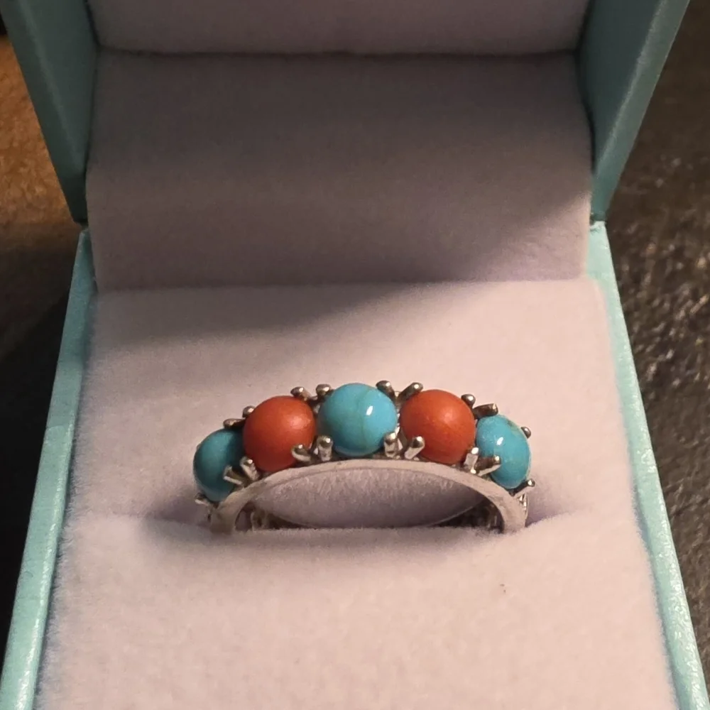 NATIVE AMERICAN  NAVAJO TURQUOISE AND CORAL RING SIZE 8 SIGNED TJ 2.67 GR